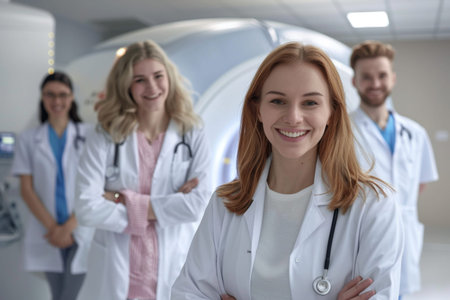 A community of doctors in white coats and ties posing with big smiles in front of an MRI machine. The event captures the essence of human body scienceの素材