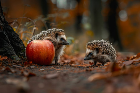 Two hedgehogs exploring a vibrant autumn forest with a shiny red apple nearbyの写真素材
