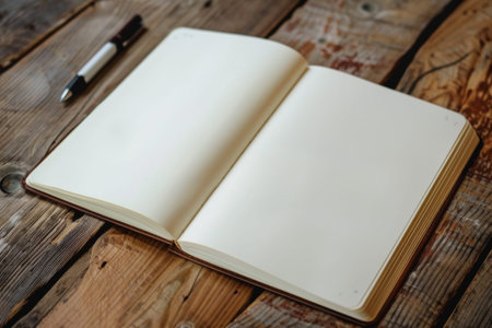 An open notebook and pen resting on rustic wooden table in a cozy workspaceの写真素材