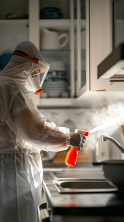 Cleaning with care in a modern kitchen during the afternoon lightの写真素材