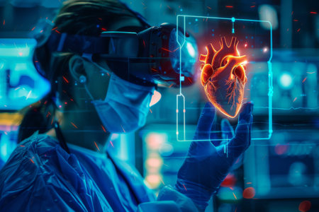 A dedicated healthcare professional engages with advanced virtual reality technology to visualize the human heart's structureの素材