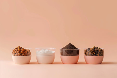 A stunning display of four bowls filled with various pet food items, including crunchy dog food, creamy yogurt, and an assortment of treats, all set against a soft pastel background.の素材