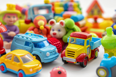 A delightful assortment of brightly colored toy cars, trucks, and cheerful figures fills the surface with joy, inviting imaginative play for children of all ages in a fun setting.の素材