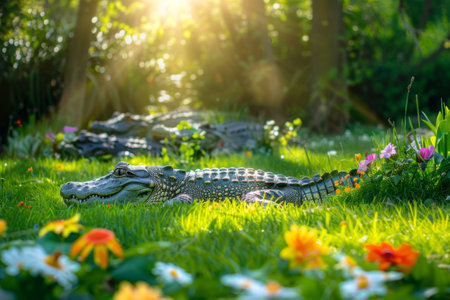As the sun rises, a crocodile rests gracefully on lush green grass, surrounded by vibrant wildflowers and the gentle sounds of nature in a serene wetland environment.の素材