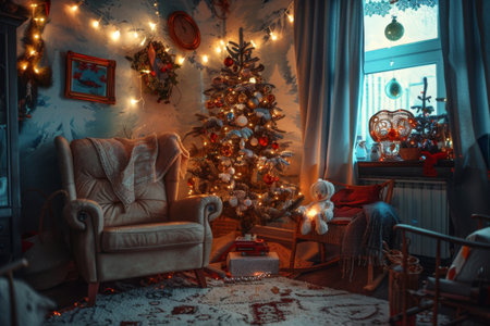 A beautifully decorated Christmas tree stands elegantly in a cozy room, surrounded by twinkling lights and holiday ornaments. The inviting space features comfortable seating and festive decorations.の素材