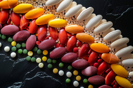 An elaborate display of various vitamins and supplements showcases a vibrant array of colors. The carefully arranged capsules and pills create a stunning visual on a sleek, dark marble surface.の素材