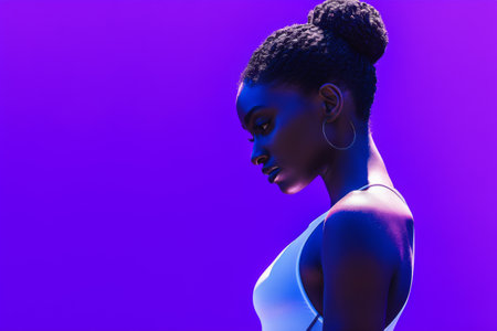 Bathed in a striking purple hue, a graceful figure stands in profile, embodying a moment of quiet reflection. The elegant pose and soft curls enhance the artistic aura.の素材
