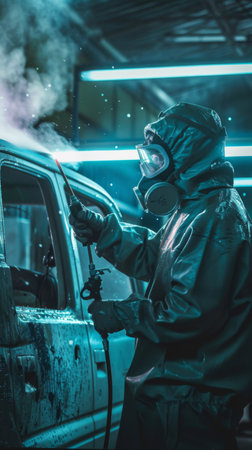 In a protective suit and gas mask, a person uses a powerful cleaner on a vehicle, surrounded by neon lights and droplets, creating a captivating industrial scene.の素材