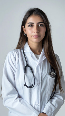 A young woman in a white medical coat stands poised, wearing a stethoscope around her neck. She reflects professionalism and dedication, embodying the spirit of healthcare and compassion.の素材