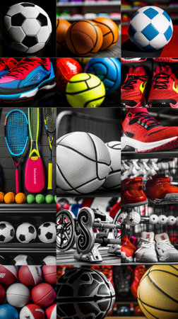 A lively arrangement showcases an array of sports gear, featuring basketballs, soccer balls, and tennis rackets. The bold colors and diverse shapes create an energetic atmosphere in the sports store.の素材