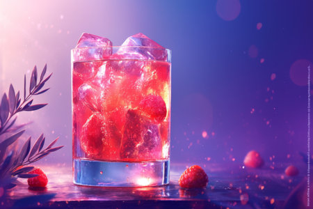 A refreshing glass filled with a deep red raspberry beverage sits atop a wooden surface, sparkling with ice cubes and surrounded by fresh raspberries, all bathed in enchanting purple light.の素材