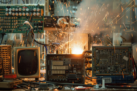 Amidst a chaotic workshop filled with vintage electronics, a burst of sparks illuminates the air, revealing the energy of innovation and creativity. Tools and components surround an ongoing project.の素材