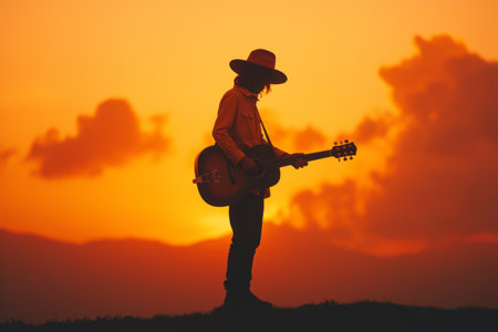 Bathed in warm golden hues, a musician stands silhouetted against a vibrant sunset, deeply immersed in strumming their guitar. The tranquility of nature enhances the moment, fostering creativity.の素材