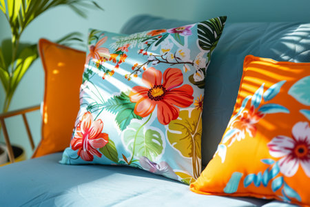 Brightly colored floral cushions rest on a soft sofa, illuminated by gentle morning sunlight streaming through the window. The lively decor creates a warm and inviting atmosphere.の素材