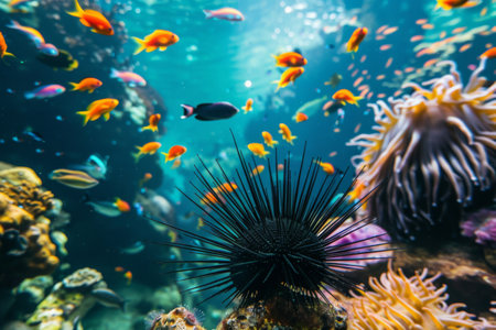 A striking underwater world reveals a coral reef bustling with life, featuring lively fish darting around and a solitary sea urchin resting on the rocksの素材