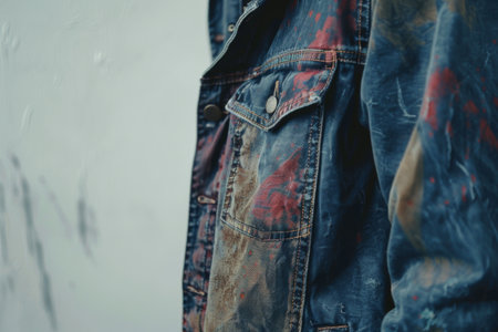 A close-up of a well-worn denim jacket splattered with colorful paint stains stands out against a softly blurred, textured wall, conveying artistic creativity and wear.の素材