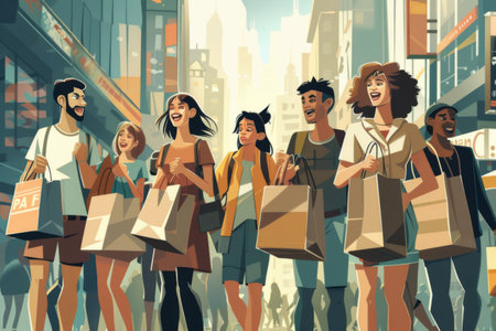A lively group of friends strolls through a busy urban street, each carrying shopping bags. Their expressions radiate happiness as they chat and enjoy the sunshineの素材