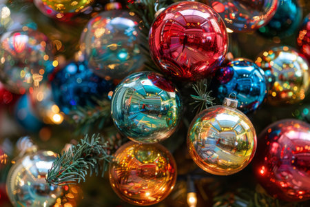 Colorful glass ornaments hang elegantly on a lush Christmas tree, reflecting warm lights as the holiday spirit fills the cozy living room, ready for family gatherings and joyful celebrations.の素材