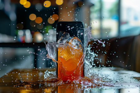A vibrant cocktail erupts with cold splashes around a smartphone resting on a wooden table at a bustling cafの素材