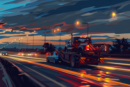 A tow truck carries a vehicle while cars zip past in the twilight. The vibrant hues of the sky blend with the bright lights of the highway, creating a dynamic evening atmosphere.の素材