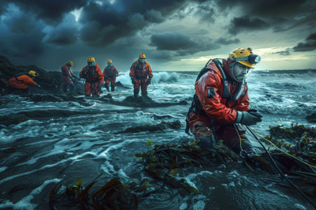 A group of dedicated rescuers in bright orange gear wades through turbulent waves along a rocky coastline, their faces illuminated by headlamps as they search for stranded individuals.の素材