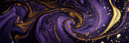 Vibrant swirls of deep purple and shimmering gold intertwine, evoking a cosmic landscape filled with energy. This captivating blend creates a dreamlike atmosphere rich in abstract artistry.の素材