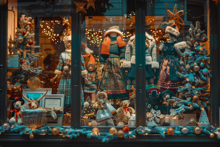 Delightful holiday decorations adorn a shop window, showcasing beautifully dressed dolls and whimsical ornaments. The warm glow of lights creates a cozy, festive atmosphere that invites onlookers.の素材
