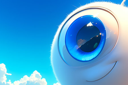 A cheerful character with a vibrant blue eye smiles joyfully against a backdrop of a brilliant sky filled with fluffy clouds, evoking a sense of wonder and imagination.の素材