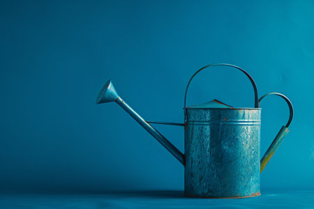 A charming metal watering can sits elegantly against a vivid blue backdrop, showing its rustic texture and timeless design. This cozy setting invites thoughts of gardening and nurturing plants.の素材