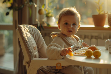 In a cozy kitchen filled with morning sunlight, a toddler with tousled hair sits in a high chair, exploring a plate of food with wide eyes and a small spoon, surrounded by fresh fruits and greenery.の素材