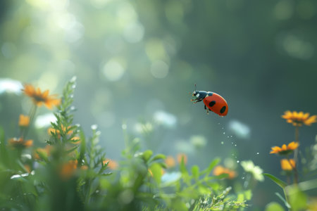 Delicate sunlight filters through the trees as a ladybug flits above a meadow filled with colorful wildflowers, embodying the essence of springtime joy and natureの素材