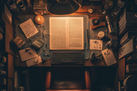 The desk is an inviting space, adorned with open books, handwritten notes, and a vintage typewriter. Soft light illuminates the surroundings, creating a serene atmosphere for creativity.の素材