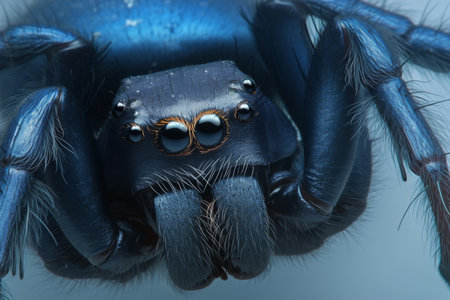 A vibrant spider sits poised, revealing intricate details of its body and striking blue hues. This close-up captures the mesmerizing textures and patterns of its eyes and legs.の素材