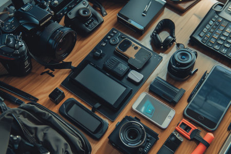 A tablettop brimming with an array of cameras, gadgets, and accessories showcases the tools essential for a photography enthusiast's creative process. Each item hints at artistic possibilities.の素材