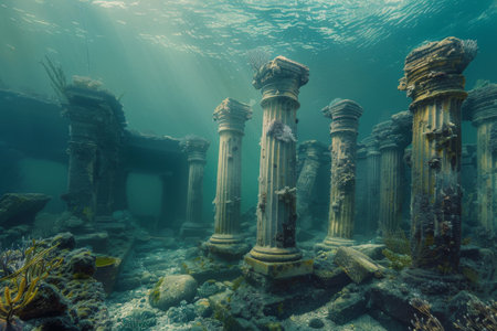 Beneath the tranquil waters, remnants of ancient architecture emerge, showcasing grand columns encrusted with marine lifeの素材