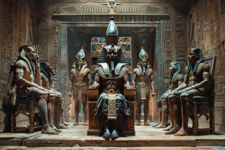 Majestic deities in ornate attire occupy a beautifully decorated temple, surrounded by hieroglyphs. The atmosphere is filled with a mystical glow as they gather around a powerful figure on the throne.の素材