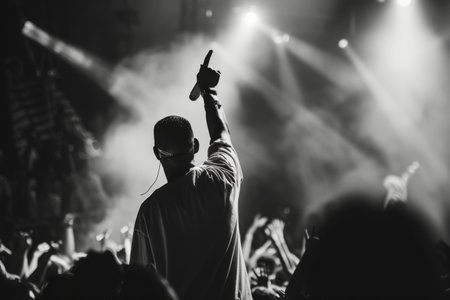Under dim lights and swirling smoke, a performer engages the audience, raising a hand in celebration, while fans cheer and wave, creating an unforgettable moment of connection and excitement.の素材