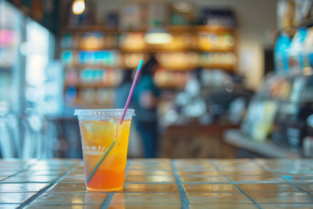A vibrant iced drink sits on a rustic table, its colors glowing in the cozy cafの素材