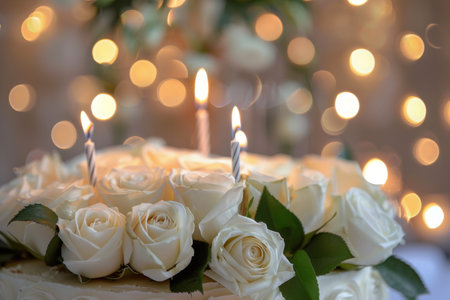 A beautifully decorated cake topped with white roses and lit candles glimmers against a backdrop of soft, twinkling lights, creating a romantic and festive atmosphere for the special occasion.の素材