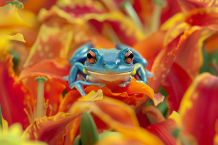A striking blue frog sits amidst a bed of bright, colorful flowers, showing the beauty of nature. The vibrant colors of petals enhance the frog's unique appearance, creating a captivating sight.の素材