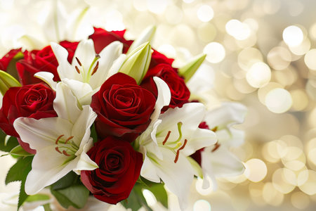 This stunning arrangement features vibrant red roses and elegant white lilies, beautifully contrasting against a soft, twinkling golden background, creating a romantic and enchanting atmosphere.の素材