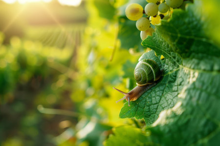 As the sun sets, a snail leisurely navigates the lush grape leaves, basking in the warm glow of the evening light, surrounded by a thriving vineyard's bountiful greenery.の素材