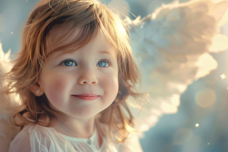 In a magical setting, a delighted child with soft, golden locks and shimmering angel wings looks out, embodying pure joy and innocence amid a twinkling background of light.の素材