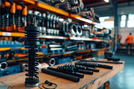 Metal components and tools are neatly arranged on a workbench, showcasing a variety of automotive parts. The workshop vibrates with energy from workers engaged in various tasks and repairs.の素材