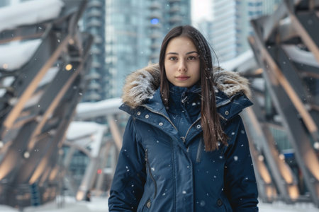 A young woman gazes intently at the camera, dressed warmly in a chic winter coat, surrounded by falling snowflakes in a modern city backdrop, creating a striking contrast between urban and nature.の素材