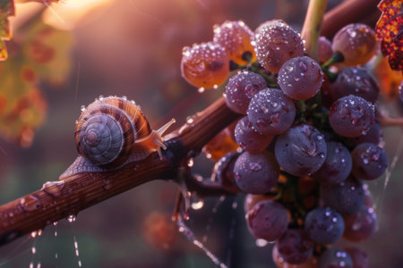 A small snail makes its way along a vine, surrounded by luscious grapes adorned with glistening droplets. The morning light enhances the tranquil beauty of the vineyard, evoking a sense of calm.の素材