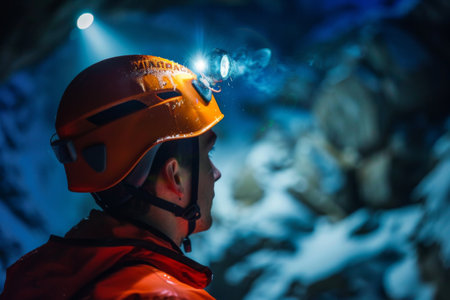 Wearing a bright orange helmet, a climber prepares for an adventurous descent into a rugged canyon, surrounded by snow and shadows as the sun sets, showing the thrill of exploration and challenge.の素材