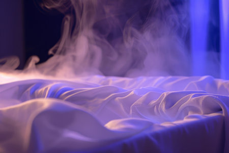 A gentle mist curls around the smooth folds of white fabric, creating an ethereal atmosphere. Soft blue hues enhance the tranquil ambiance, inviting a sense of calm and serenity.の素材