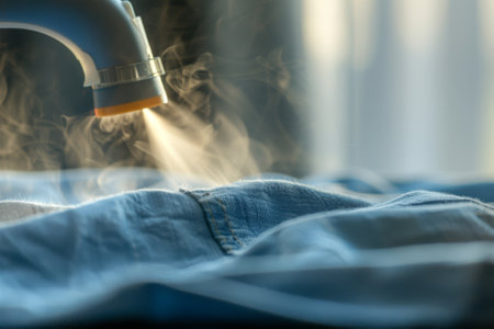 Soft tendrils of steam rise as a garment is expertly smoothed, catching the morning light in a serene and domestic atmosphere, inviting calmness and order into the space.の素材
