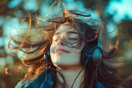 A girl wearing headphones basks in the warmth of the sun, her hair dancing in the breeze while she immerses herself in the music. Her expression radiates pure joy and carefree spirit.の素材